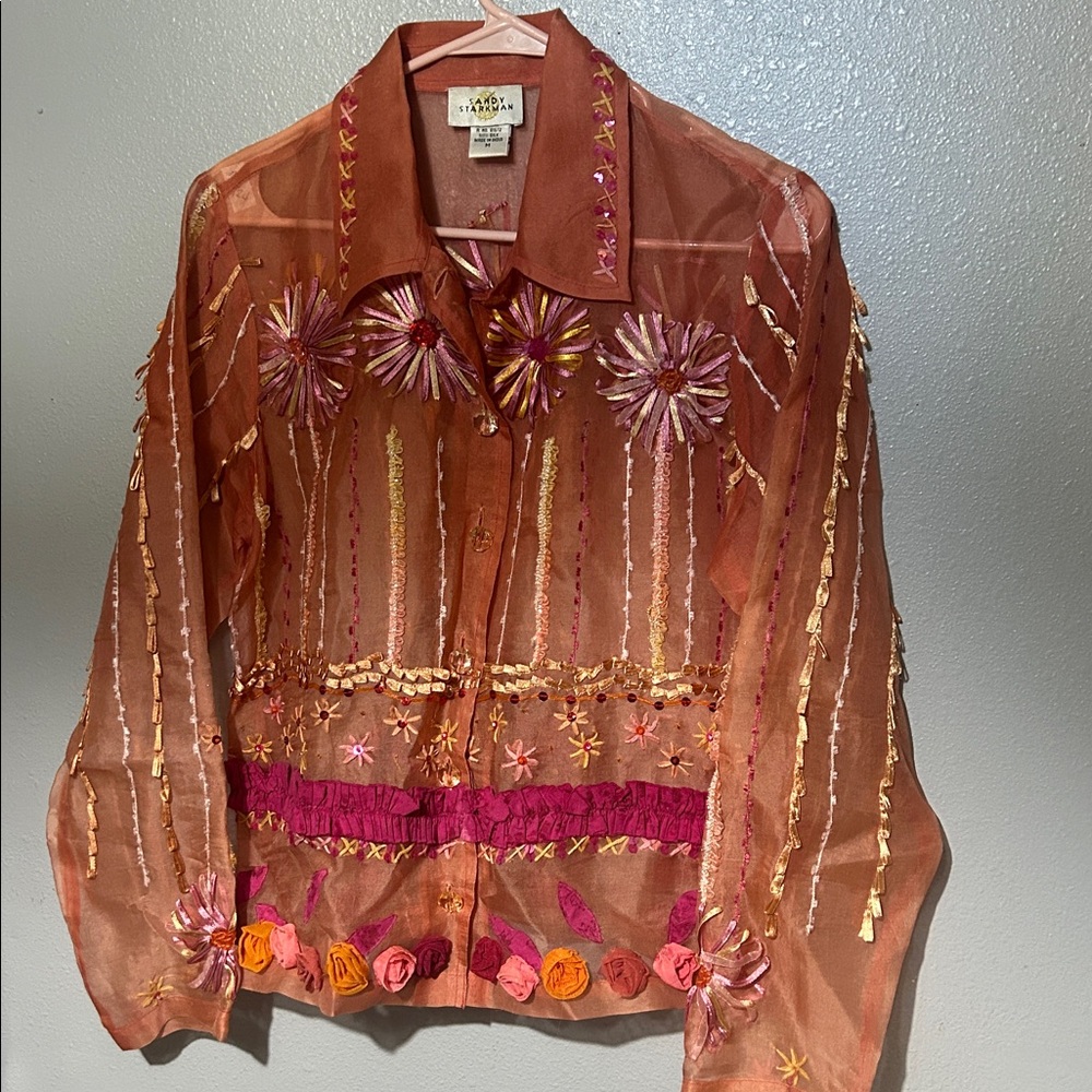 Sandy Starkman Sheer Embroidered Floral Button-Up in Rust